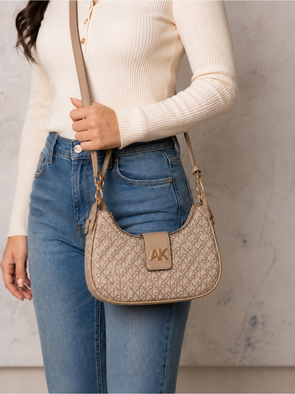 Ann Klein Bag Purse Crossbody Beige Monogram Pattern New With Tags
